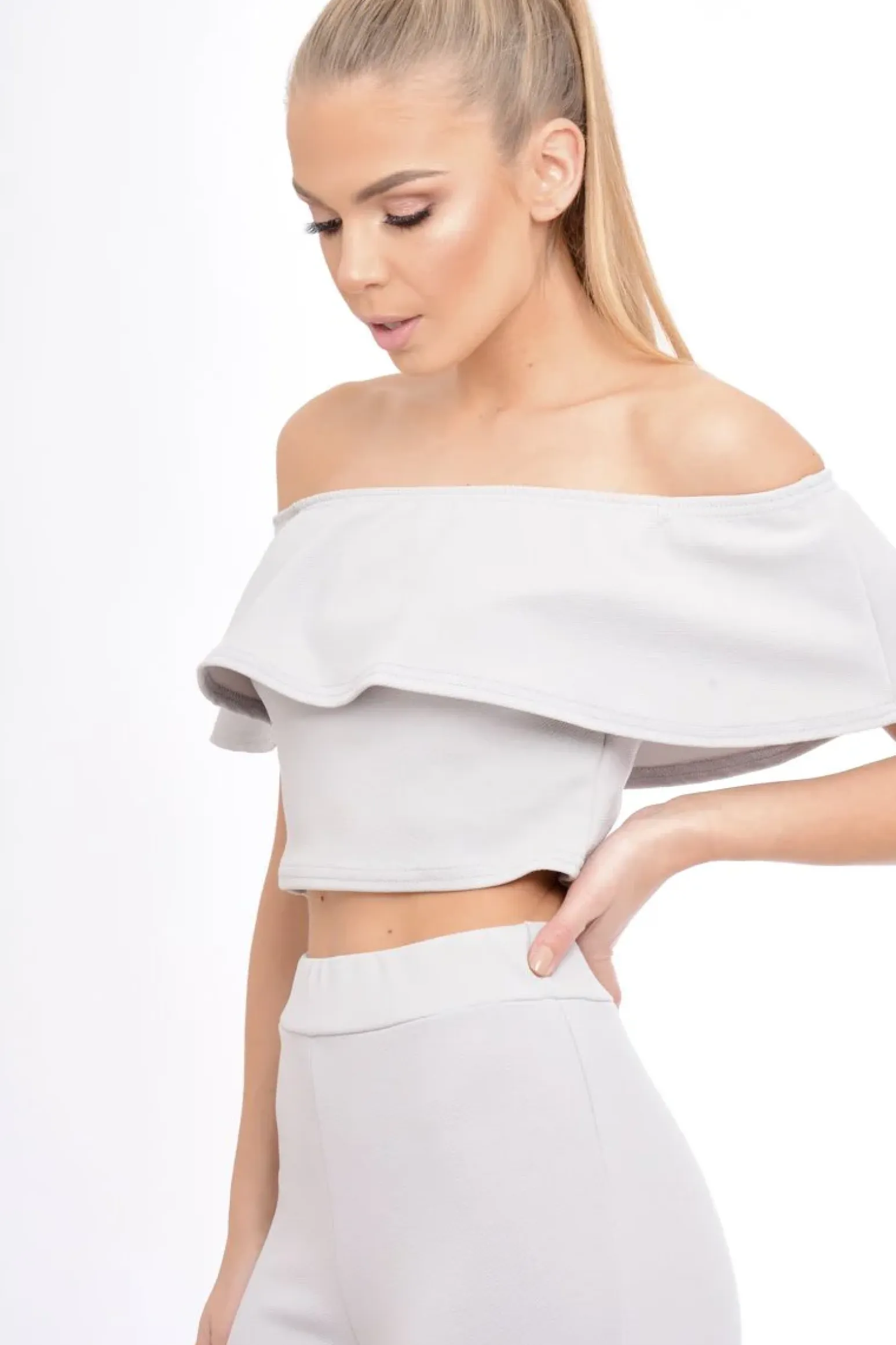 Rebellious Fashion Grey Bardot Frill Co-ord - Kammie
