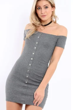 Rebellious Fashion Grey Bardot Popper Mini Dress - Angelika