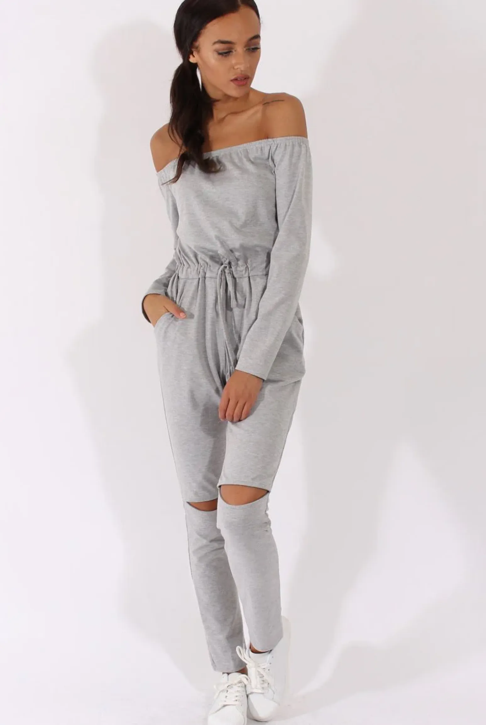 Rebellious Fashion Grey Bardot Split Knee Jumpsuit - Coran
