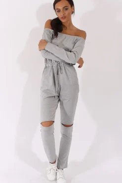 Rebellious Fashion Grey Bardot Split Knee Jumpsuit - Coran