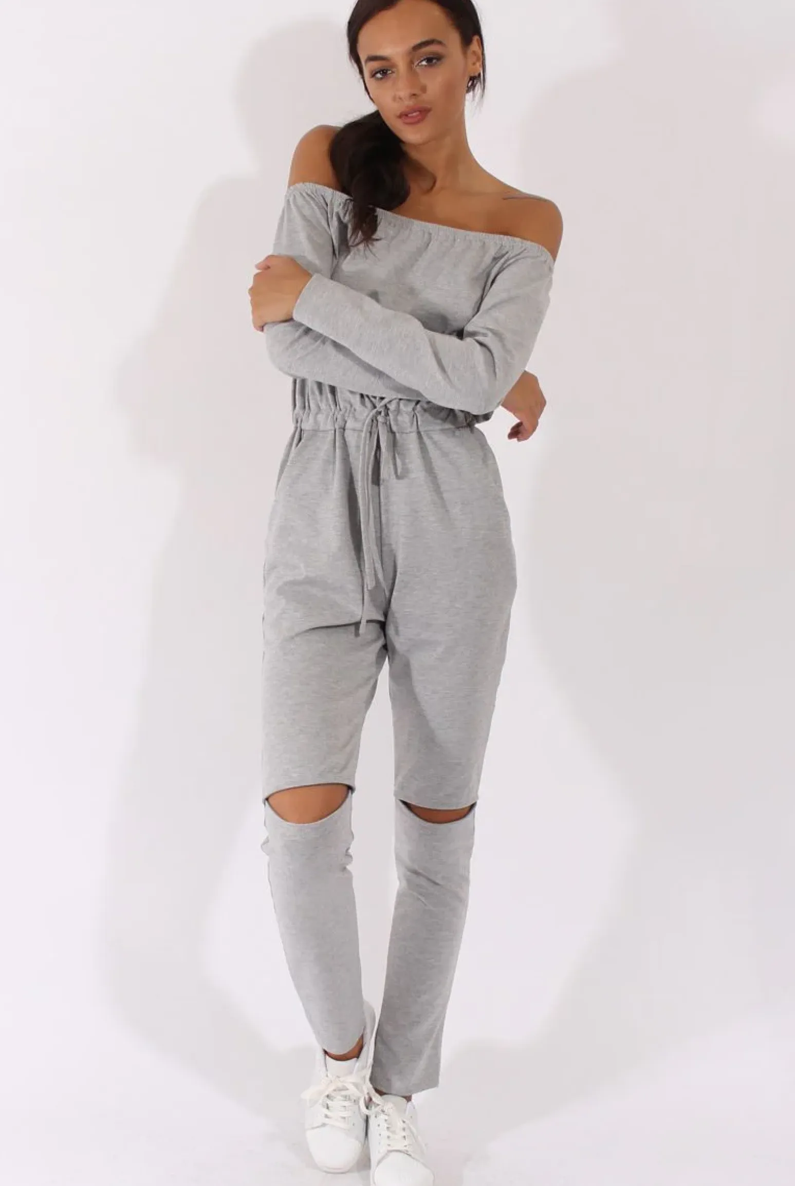 Rebellious Fashion Grey Bardot Split Knee Jumpsuit - Coran