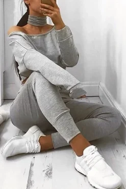 Rebellious Fashion Grey Bardot Sweatshirt and Joggers Loungewear Set - Marnie