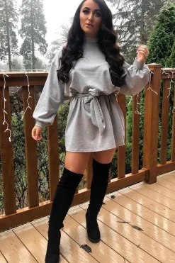 Rebellious Fashion Grey Belted Cold Shoulder Jumper Dress - Elston