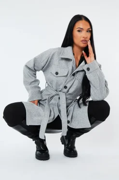 Rebellious Fashion Grey Belted Pocket Front Shacket - Stella