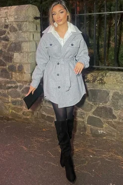 Rebellious Fashion Grey Belted Pocket Front Shacket - Stella