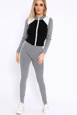 Rebellious Fashion Grey Black and White Colour Block Tracksuit - Kily