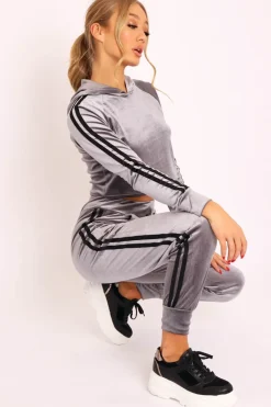 Rebellious Fashion Grey Black Stripes Velvet Hoodie and Joggers Co-ord - Matie