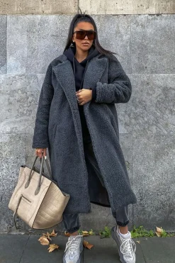 Rebellious Fashion Grey Borg Teddy Midi Coat - Leata