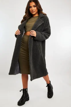 Rebellious Fashion Grey Borg Teddy Midi Coat - Leata