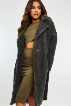 Rebellious Fashion Grey Borg Teddy Midi Coat - Leata