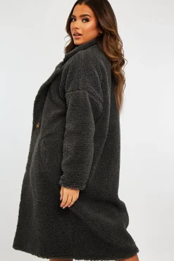 Rebellious Fashion Grey Borg Teddy Midi Coat - Leata