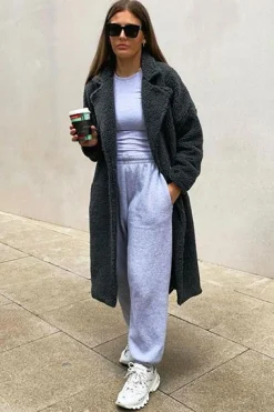 Rebellious Fashion Grey Borg Teddy Midi Coat - Leata