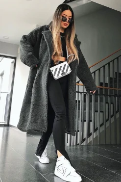 Rebellious Fashion Grey Borg Teddy Midi Coat - Leata