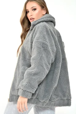 Rebellious Fashion Grey Borg Zipper Front Pocket Coat - Jacklynn