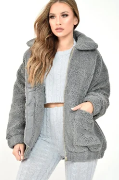 Rebellious Fashion Grey Borg Zipper Front Pocket Coat - Jacklynn