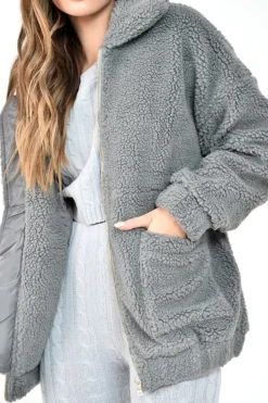 Rebellious Fashion Grey Borg Zipper Front Pocket Coat - Jacklynn