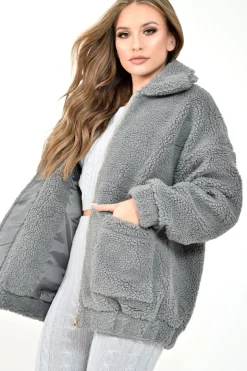 Rebellious Fashion Grey Borg Zipper Front Pocket Coat - Jacklynn