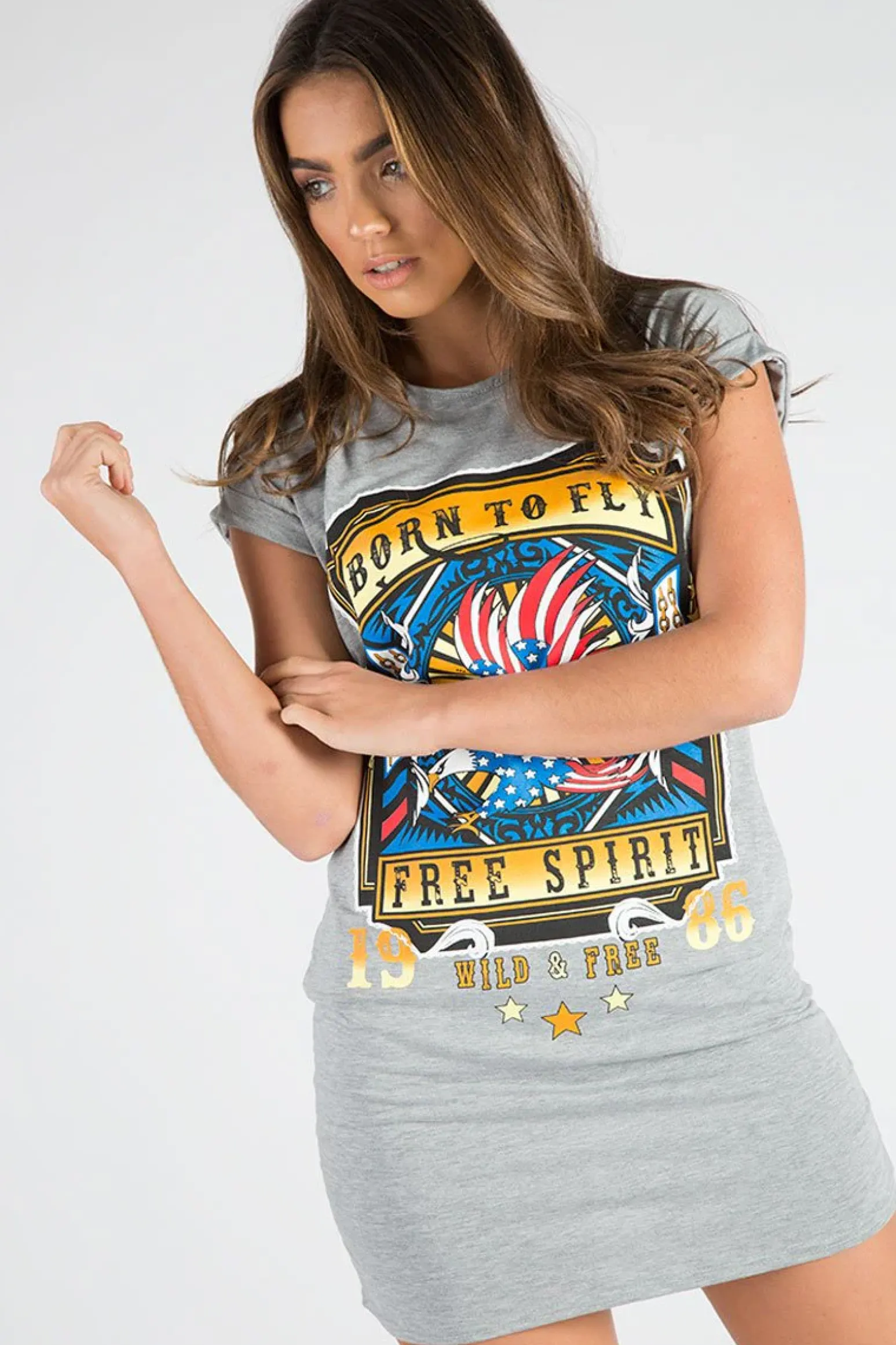 Rebellious Fashion Grey Born To Fly Slogan T-Shirt Dress - Isabella
