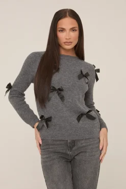 Rebellious Fashion Grey Bow Knitted Jumper - Delaney