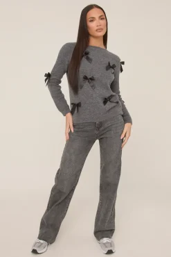 Rebellious Fashion Grey Bow Knitted Jumper - Delaney