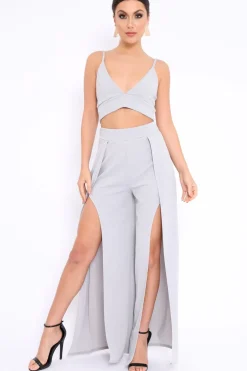 Rebellious Fashion Grey Bralet and Split Front Wide Trousers Co-ord - Alesana