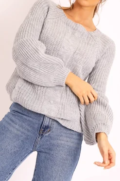 Rebellious Fashion Grey Cable Knit Balloon Sleeve Jumper - Elicia