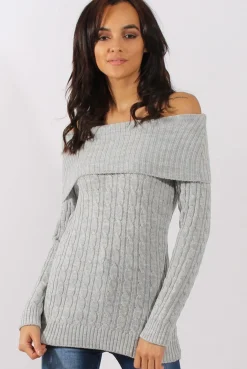 Rebellious Fashion Grey Cable Knit Bardot Top - Deakin