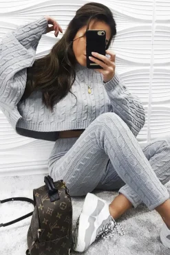 Rebellious Fashion Grey Cable Knit Batwing Jumper Loungwear Set - Janea