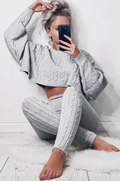 Rebellious Fashion Grey Cable Knit Batwing Jumper Loungwear Set - Janea