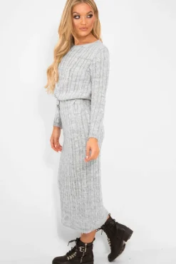 Rebellious Fashion Grey Cable Knit Drawstring Waist Dress - Rhea