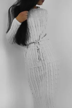 Rebellious Fashion Grey Cable Knit Drawstring Waist Dress - Rhea
