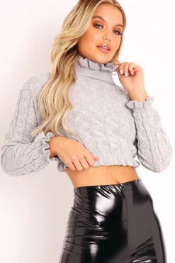 Rebellious Fashion Grey Cable Knit Frill Neck Jumper - Jacie