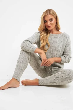 Rebellious Fashion Grey Cable Knit Jumper Jogger Co-Ord - Gabbi