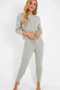 Rebellious Fashion Grey Cable Knit Jumper Jogger Co-Ord - Gabbi