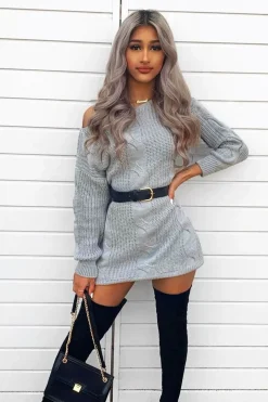 Rebellious Fashion Grey Cable Knit Off Shoulder Jumper Dress - Berry