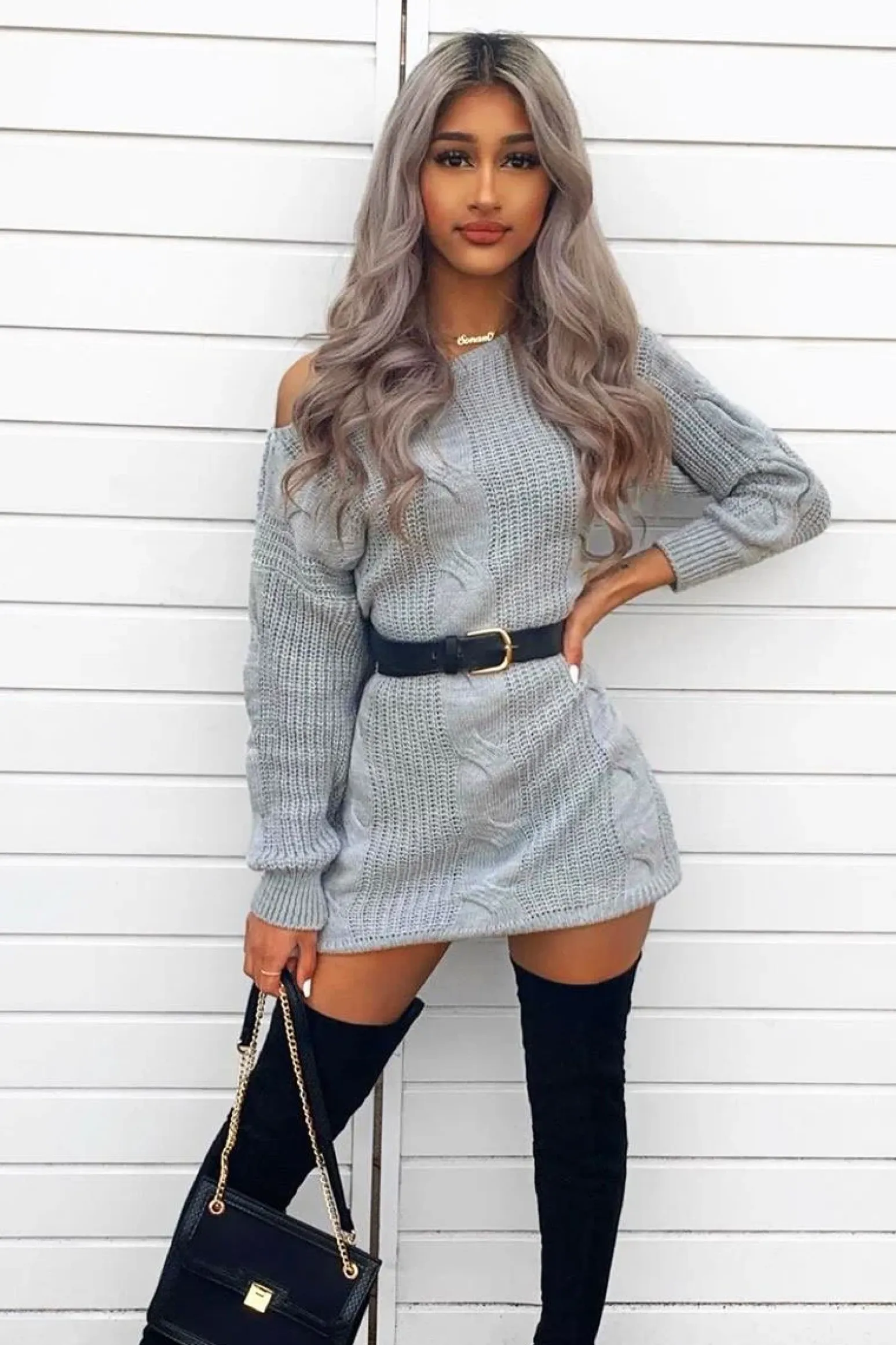 Rebellious Fashion Grey Cable Knit Off Shoulder Jumper Dress - Berry