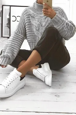 Rebellious Fashion Grey Cable Knit Sleeve Detail Jumper - Miyonna