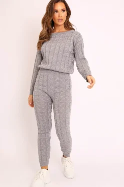 Rebellious Fashion Grey Cable Knit Sweater and Leggings Loungewear Co-ord - Ionia