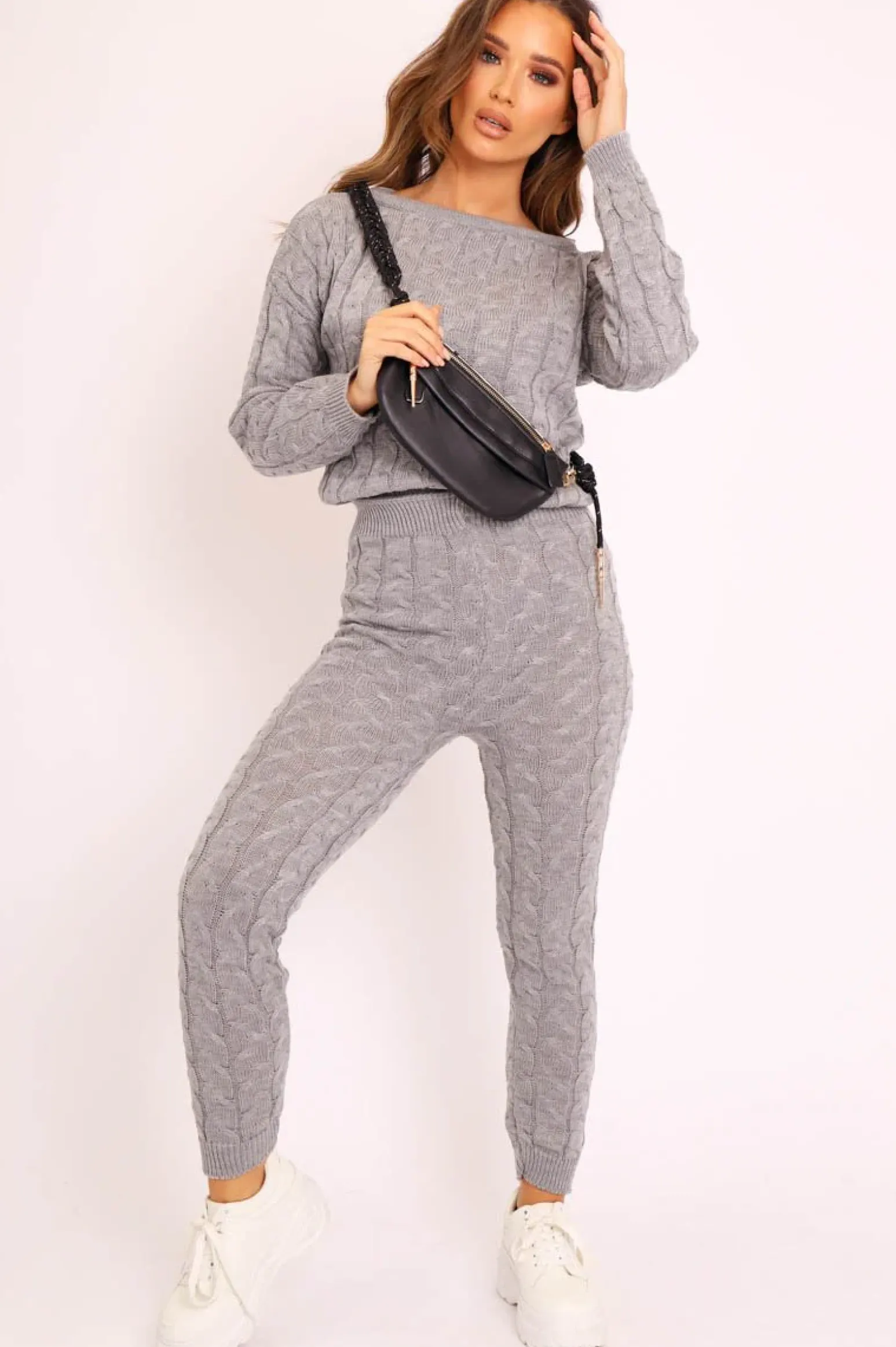 Rebellious Fashion Grey Cable Knit Sweater and Leggings Loungewear Co-ord - Ionia
