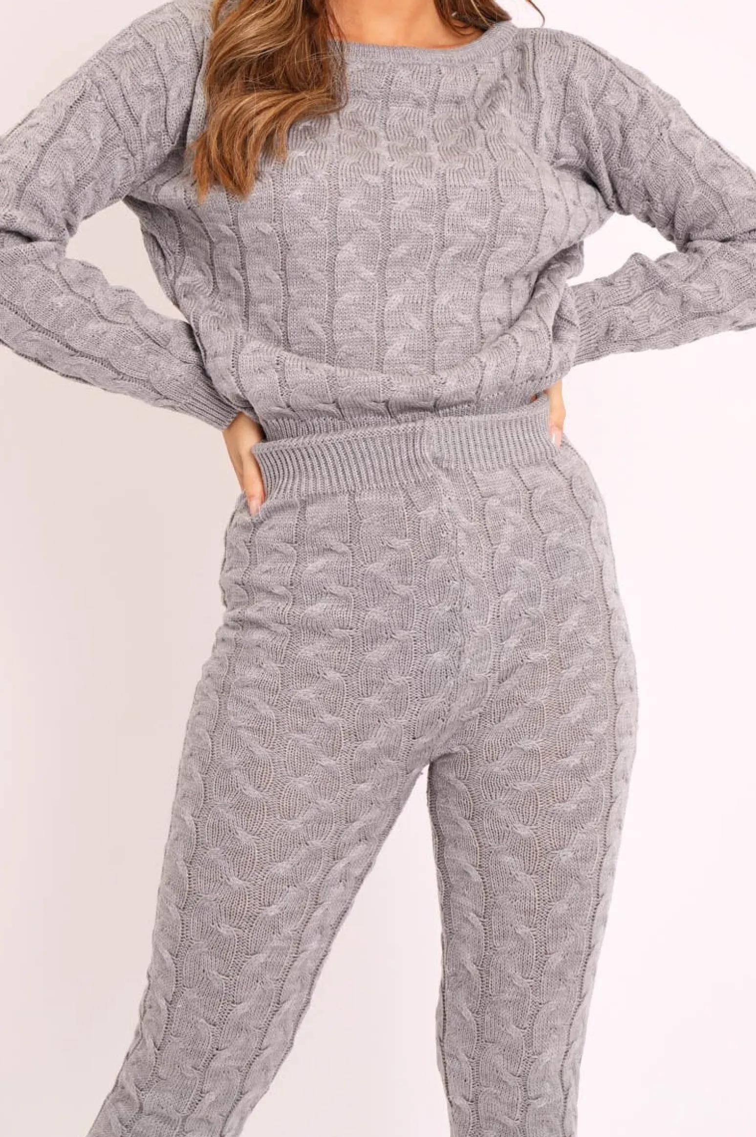 Rebellious Fashion Grey Cable Knit Sweater and Leggings Loungewear Co-ord - Ionia