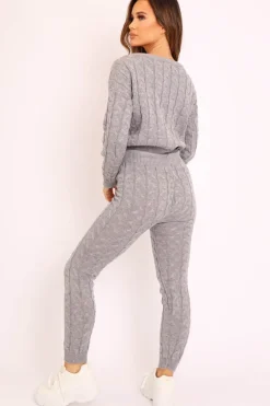 Rebellious Fashion Grey Cable Knit Sweater and Leggings Loungewear Co-ord - Ionia