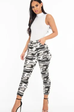 Rebellious Fashion Grey Camo Utility Pocket Chain Detail Cargo Trousers - Milly