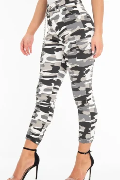 Rebellious Fashion Grey Camo Utility Pocket Chain Detail Cargo Trousers - Milly