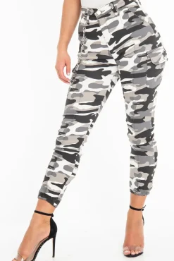 Rebellious Fashion Grey Camo Utility Pocket Chain Detail Cargo Trousers - Milly