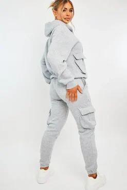 Rebellious Fashion Grey Cargo Pocket Hoodie and Joggers Tracksuit - Aafiya