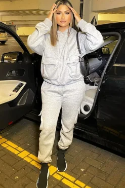 Rebellious Fashion Grey Cargo Pocket Hoodie and Joggers Tracksuit - Aafiya