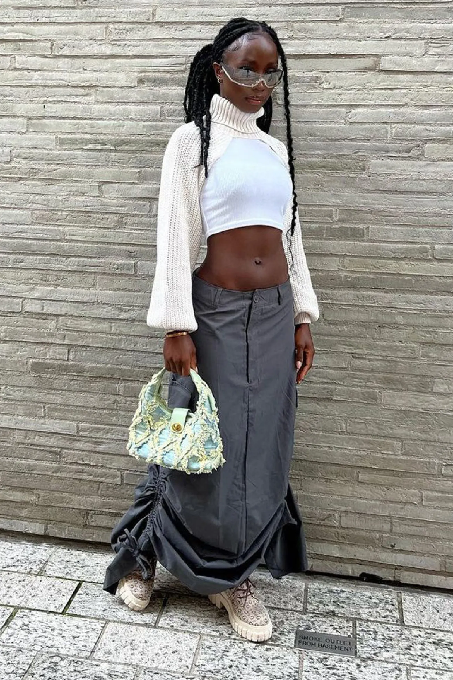 Rebellious Fashion Grey Cargo Side Ruched Maxi Skirt - Nikita