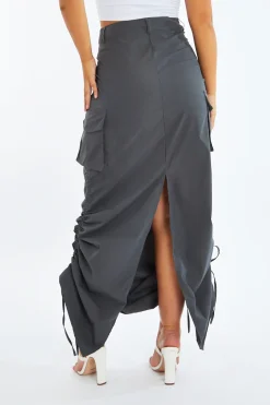 Rebellious Fashion Grey Cargo Side Ruched Maxi Skirt - Nikita