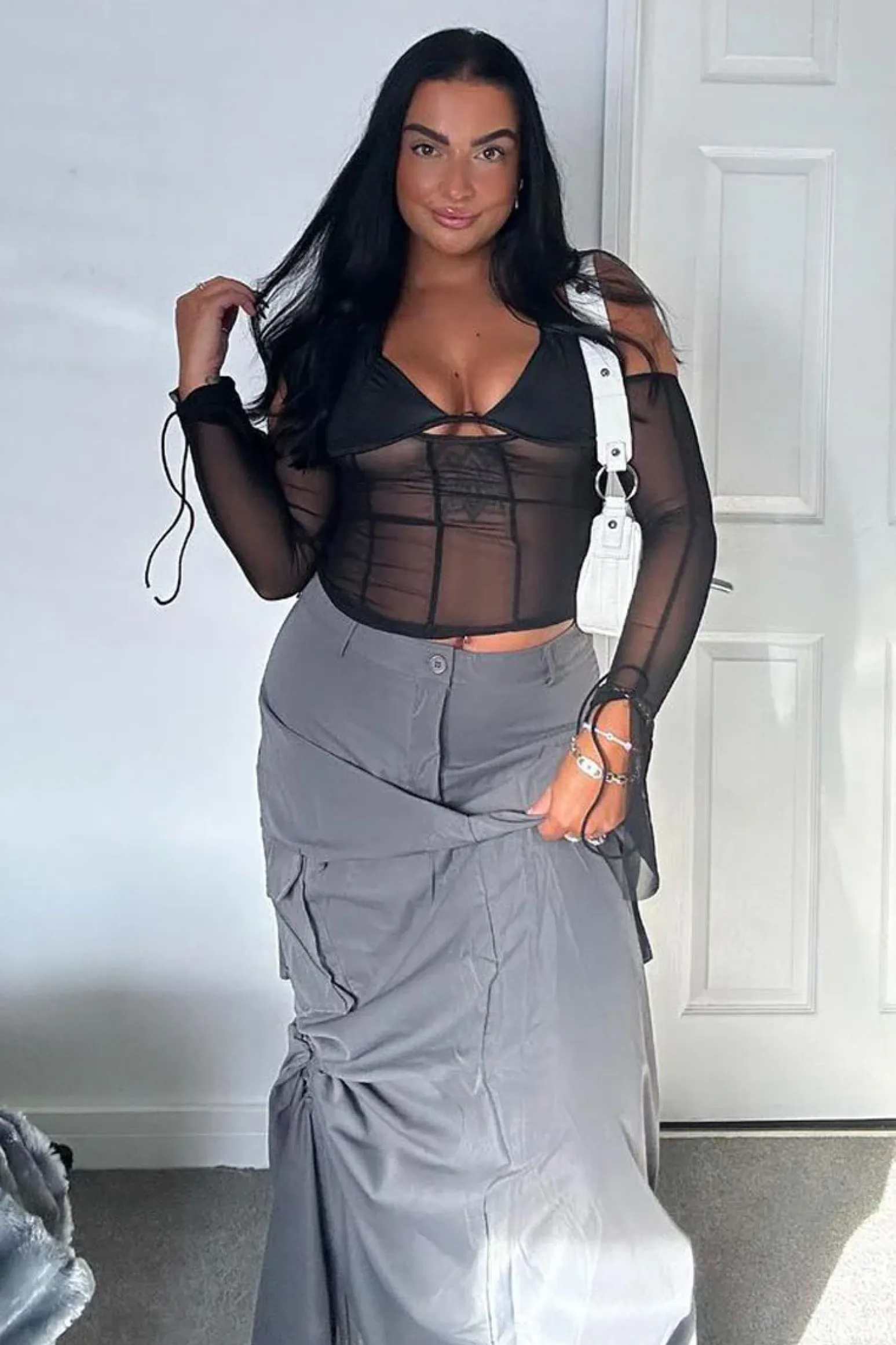 Rebellious Fashion Grey Cargo Side Ruched Maxi Skirt - Nikita