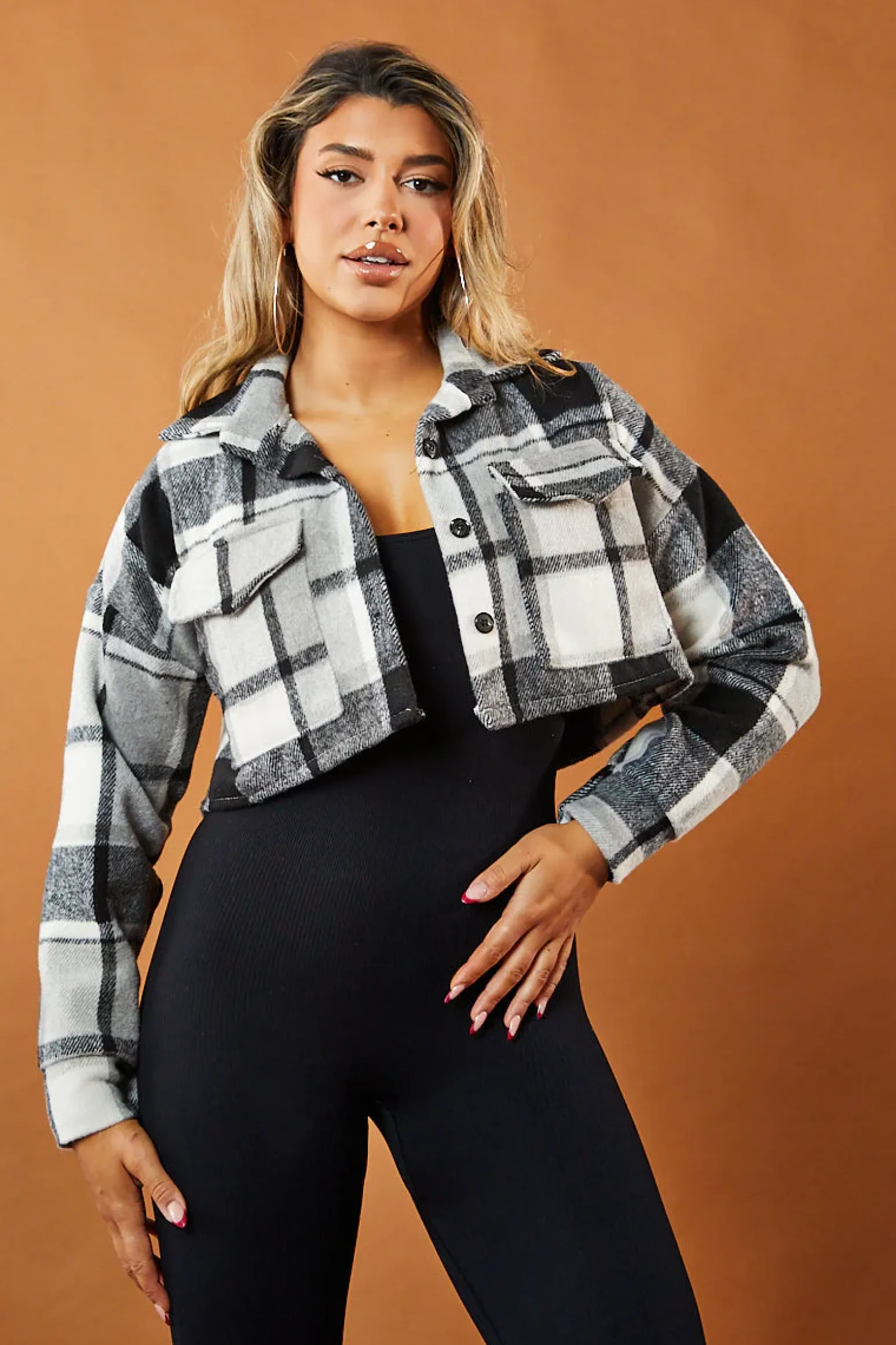 Rebellious Fashion Grey Checked Button Up Cropped Shacket - Lauren